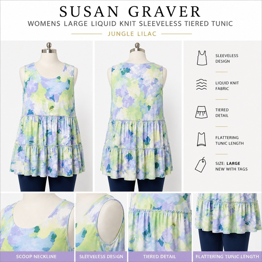 Susan Graver Womens Large Liquid‎ Knit Sleeveless Tiered Tunic Jungle Lilac NEW